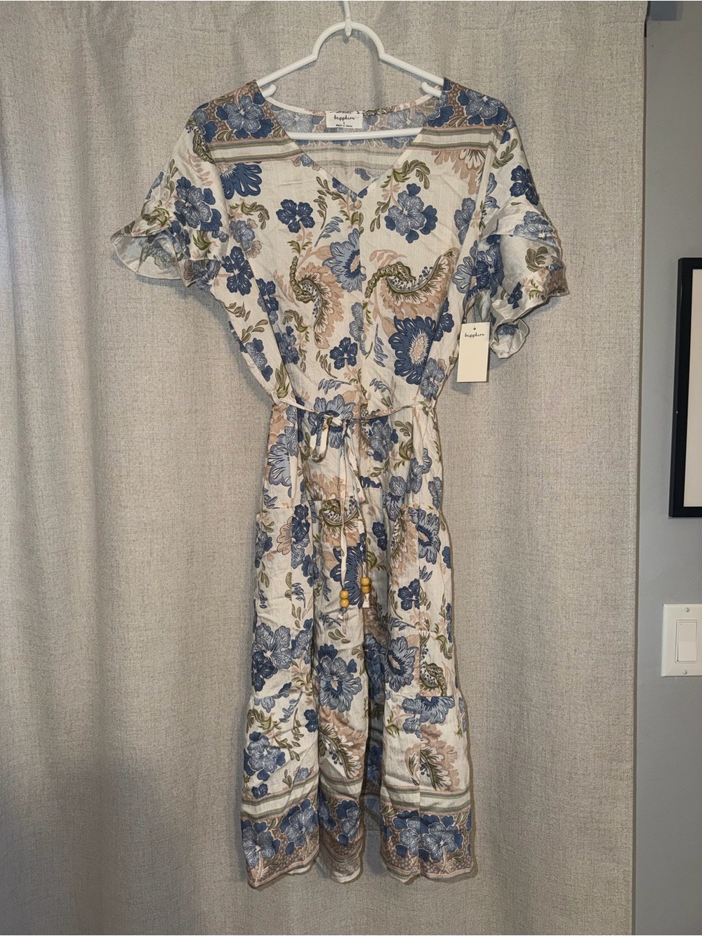 Boho Floral Blue & Cream Midi Dress